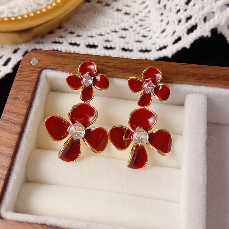 Luxury Enamel Double Petal Tassel Drop Earrings – Floral Design