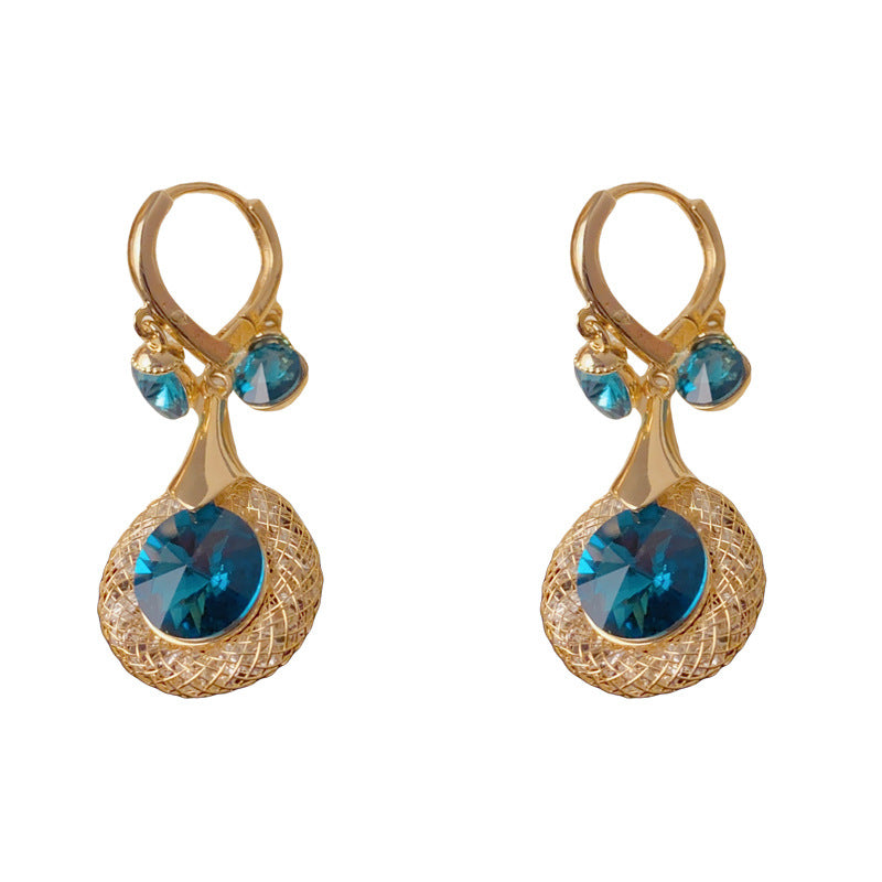 Luxury Metal Mesh Blue-Zircon Circle Tassel Earrings – French Design