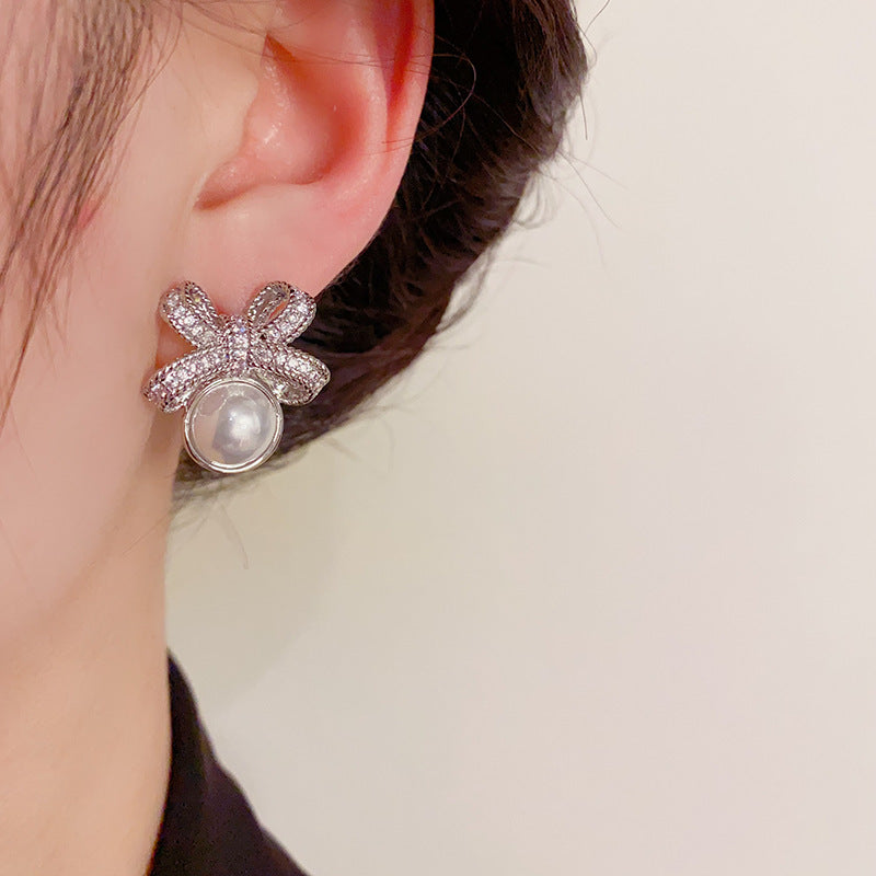 S925 Zircon Butterfly Bow Pearl Earrings-Elegant Chic Design