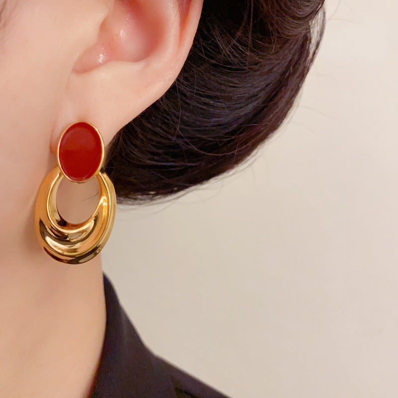 Luxury 18K Red Enamel Oval Drop Earrings – Minimalist Design