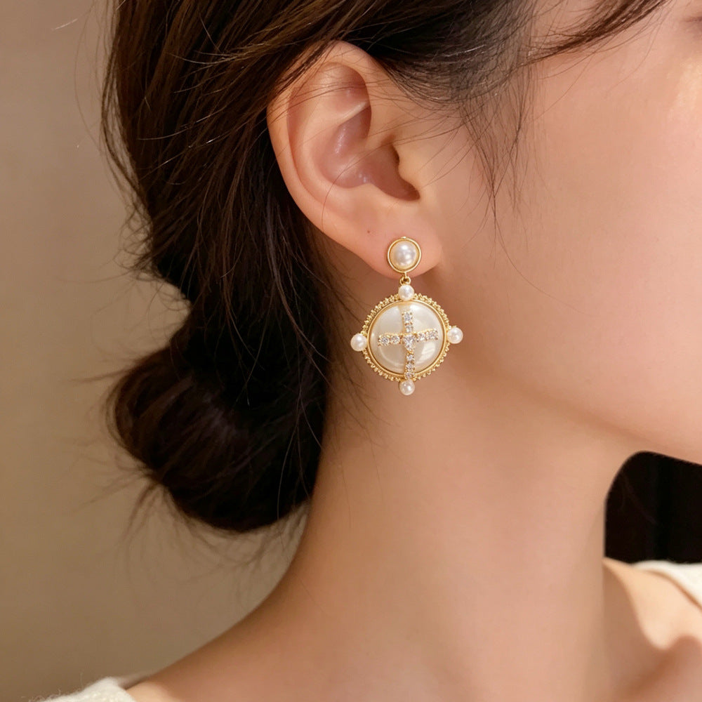 Eaioncol Cross Pearl CZ Drop Earrings Gold