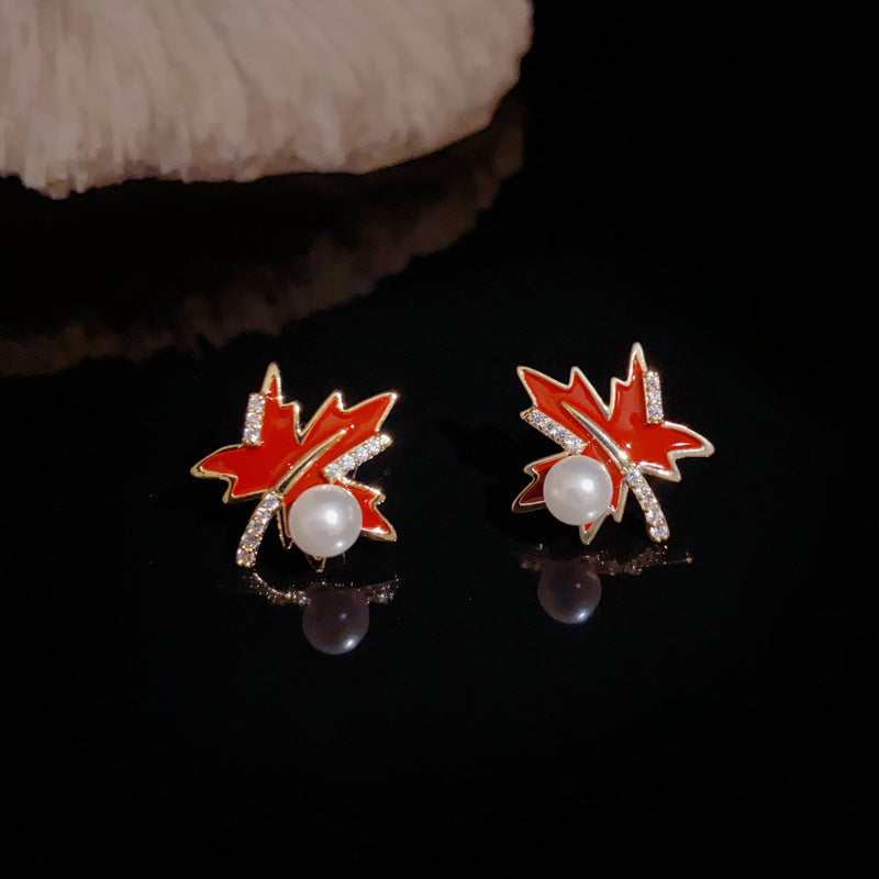 14K Gold-Plated Red Maple Leaf Pearl Stud Earrings - Autumn Elegance