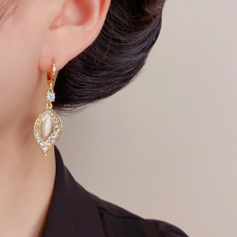 Eaioncol Leaf Tassel CZ Huggie Earrings Gold
