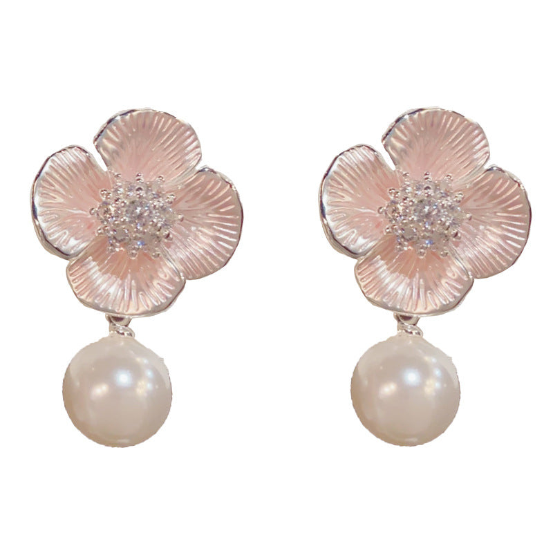 Elegant Pink Flower Pearl Drop Earrings – Petal Design for Women