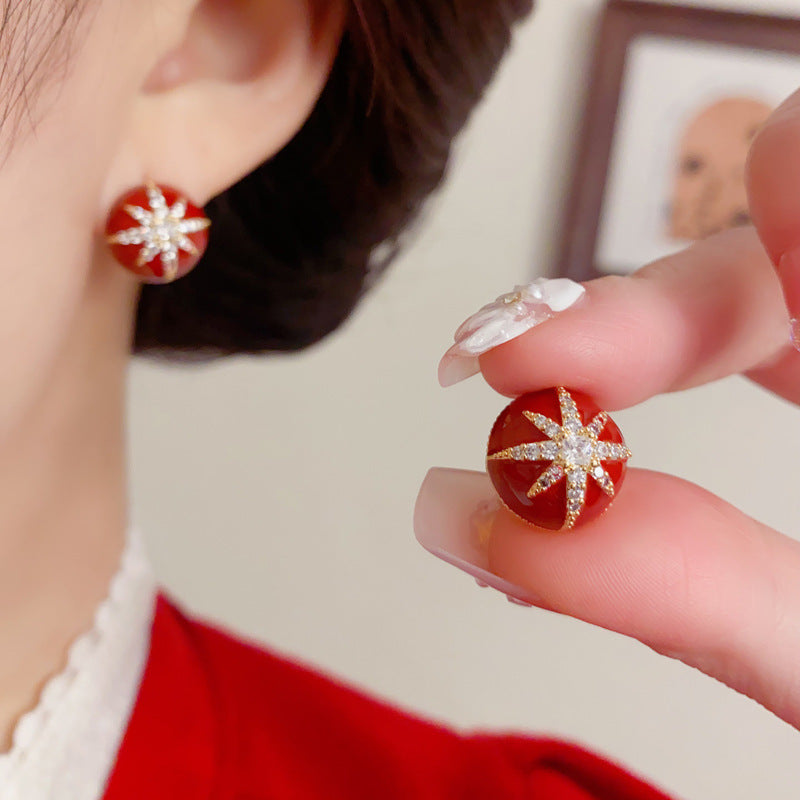 Elegant Zircon Red Star Round Stud Earrings – Sparkle Design