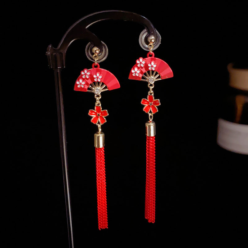 14K Gold-Plated Red Petal Folding Fan Tassel Earrings - Elegant & Chic