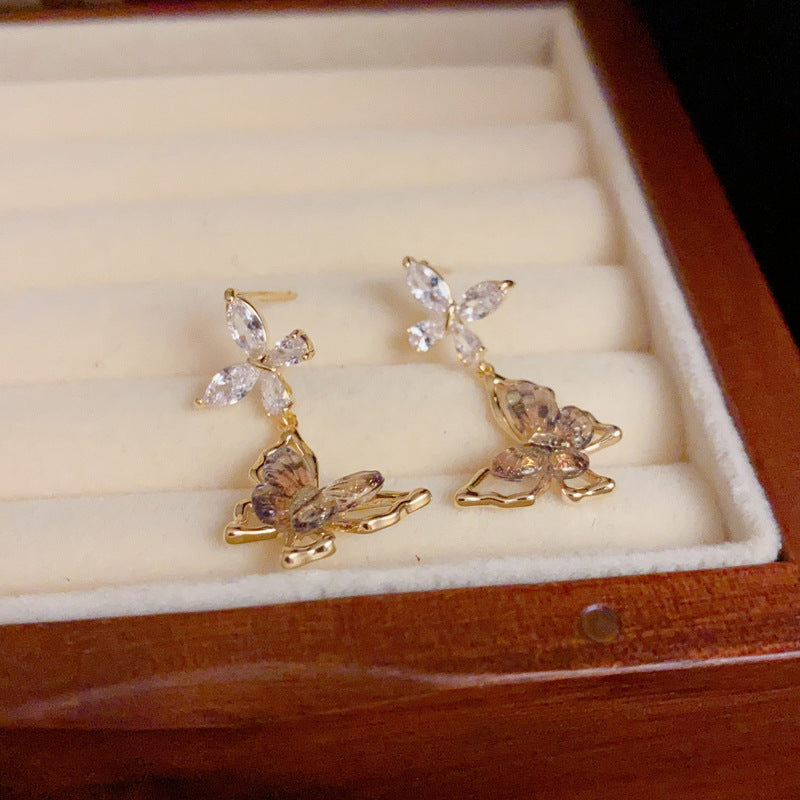 14K Gold-Plated Diamond Butterfly Drop Earrings-Chic Minimalist Design