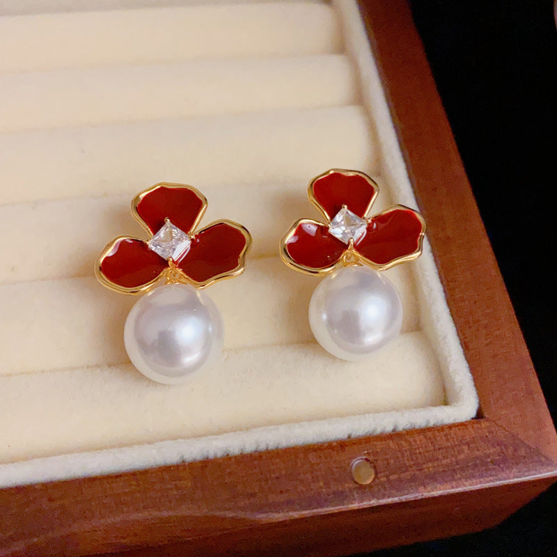 14KGold-Plated Red Oil Drop 3Leaf Flower Pearl Earrings-Elegant Design