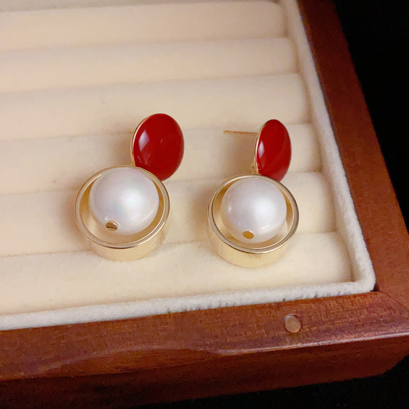 14K Gold-Plated Red Oil-Drop Pearl Drop Earrings - Chic&Elegant Design