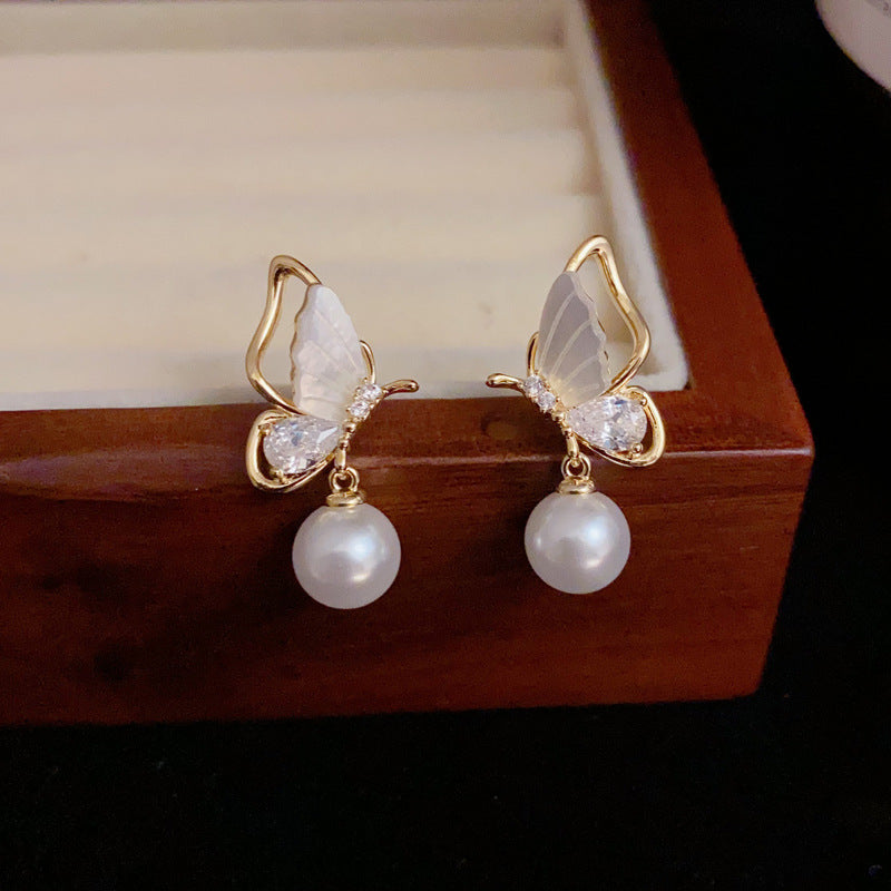 14K Gold-Plated Diamond Butterfly Pearl Drop Earrings Elegant&Feminine