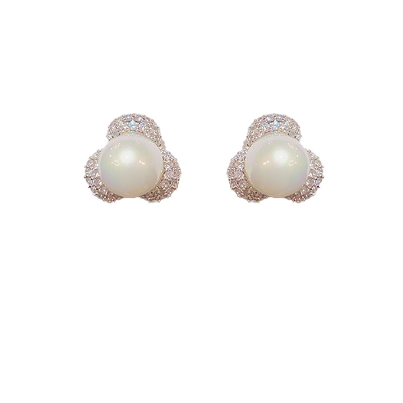 14K Gold-Plated Micro-Paved Flower Pearl Stud Earrings-Elegant Design