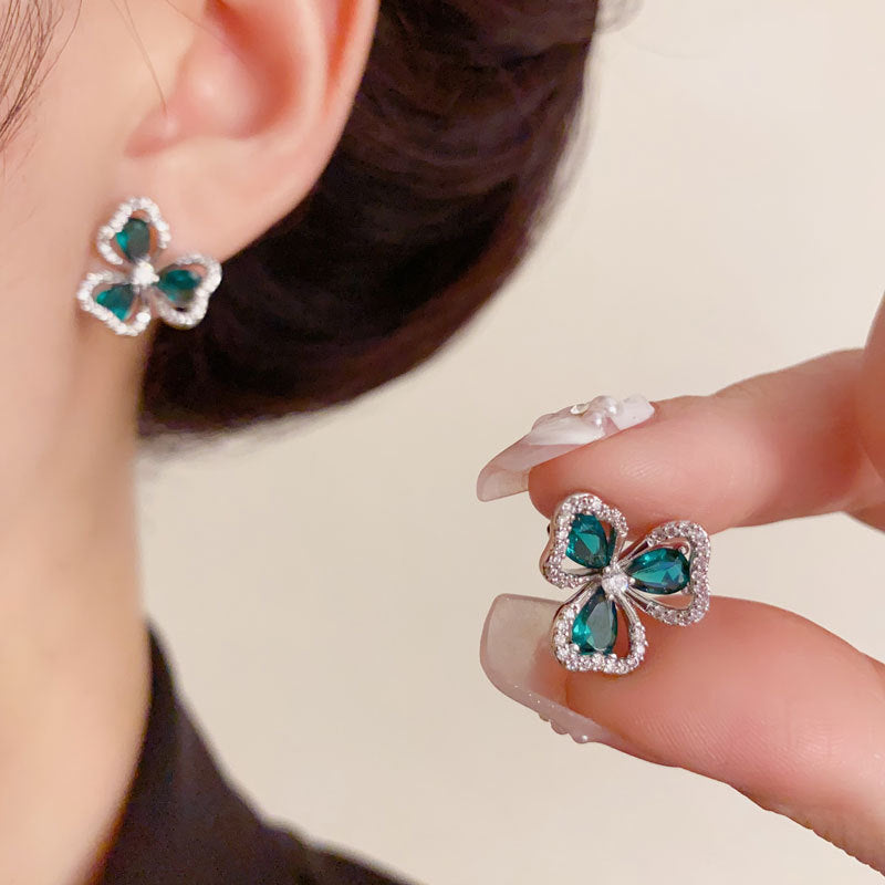 Luxury Zircon Green Clover Stud Earrings – Floral Design