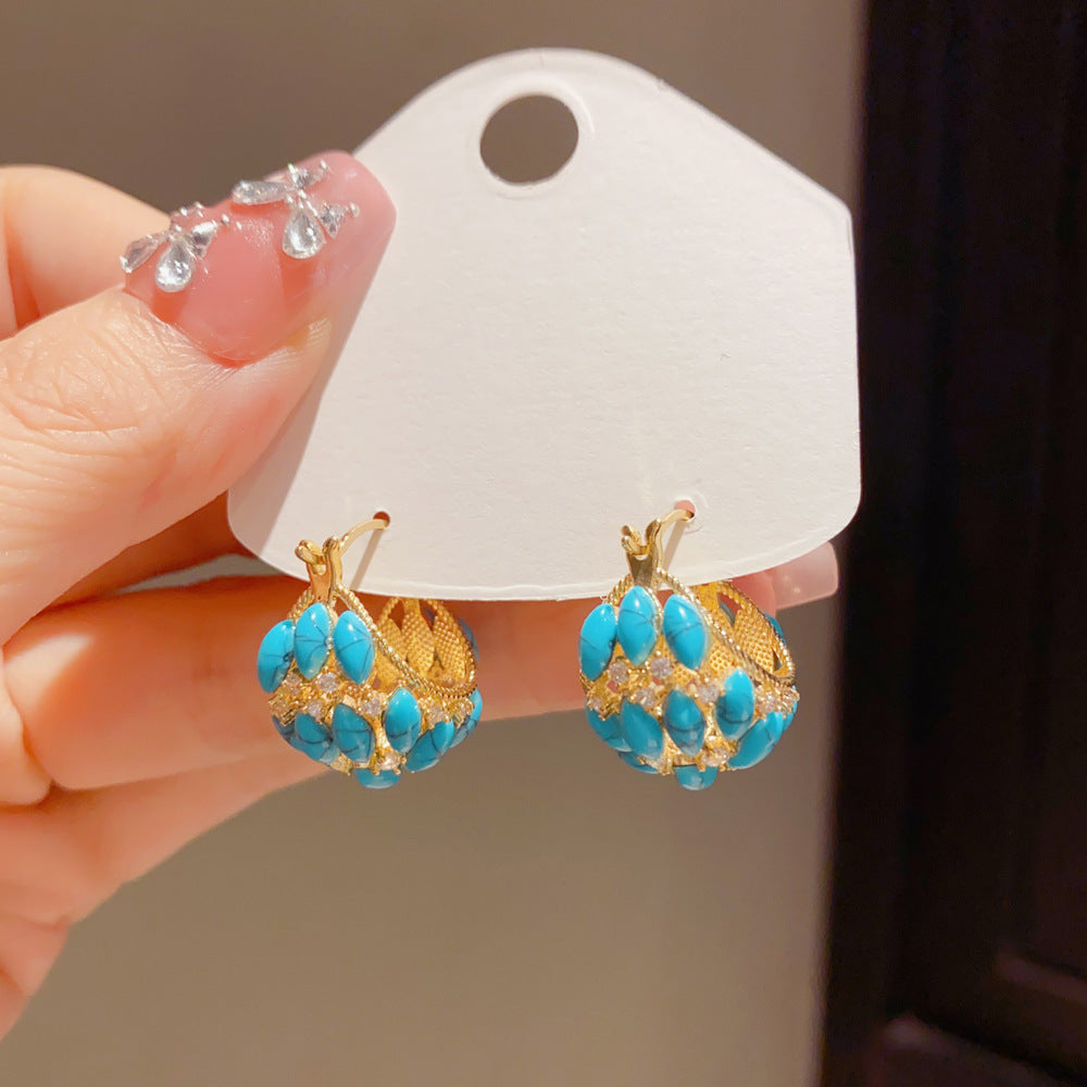 Eaioncol Turquoise Basket Hoop Earrings Gold