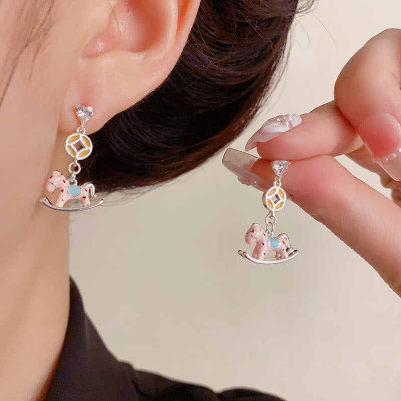 Elegant Enamel Little Horse Drop Earrings – Animal Design