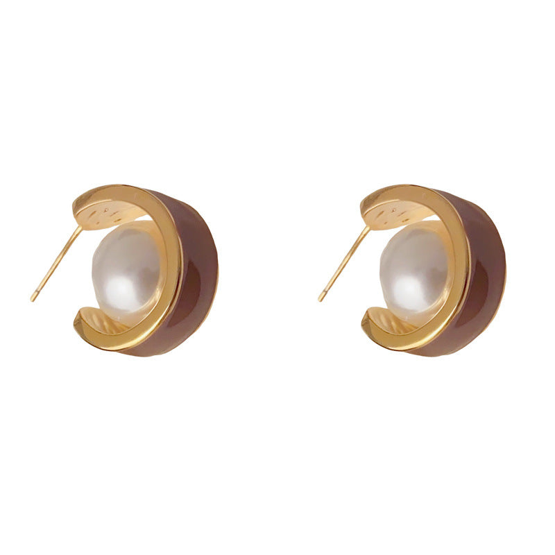 Luxury Enamel Pearl C-Hoop Earrings – Elegant Minimalist Design