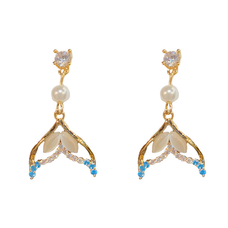 14K Gold-Plated Zircon Fish Tail Pearl Earrings - Elegant Geo Design