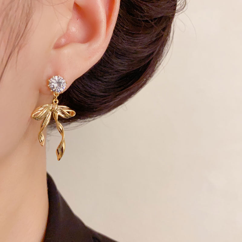 Luxury Zircon Metal Bow Drop Earrings – Elegant Design