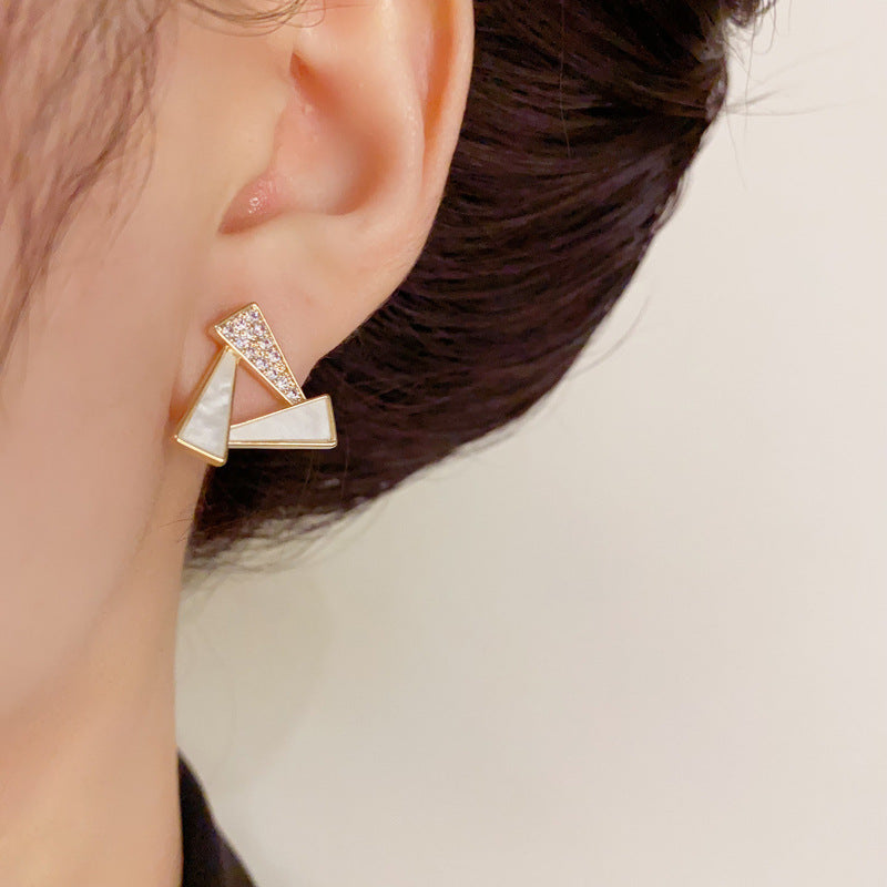 14K Gold-Plated Zircon Geo Triangle Stud Earrings - Minimalist Design