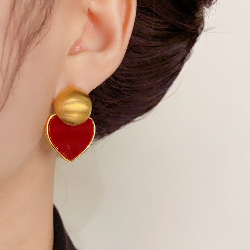 14K Gold-Plated Metallic Brushed Red Heart Earrings - Chic Minimalist