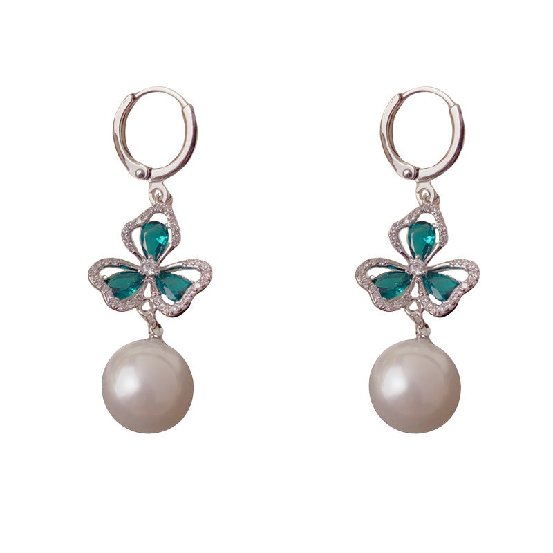 Luxury Green 3-Leaf Flower Pearl Tassel Drop Earrings – Elegant Design