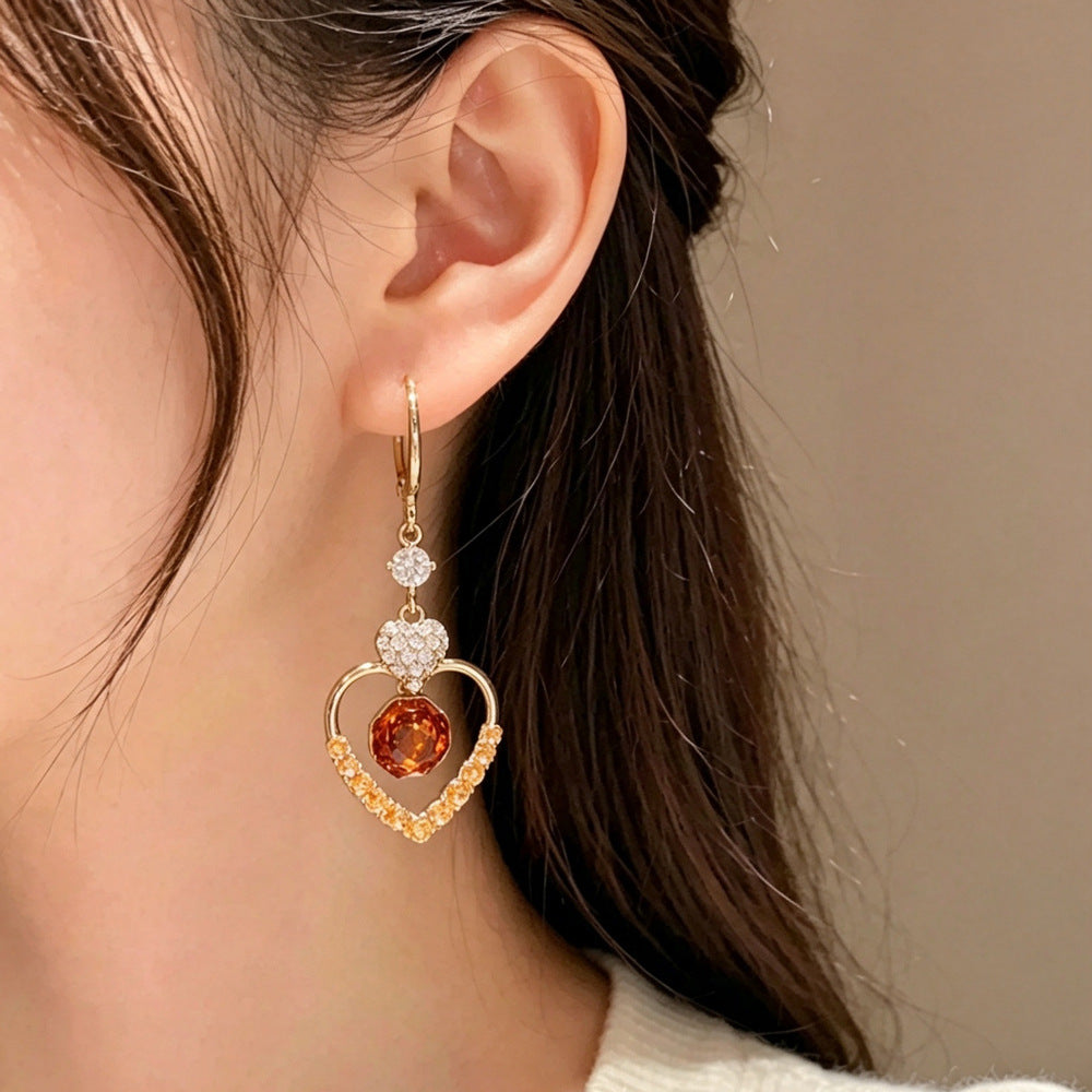 Eaioncol Coffee Gold Heart CZ Tassel Hoop Earrings