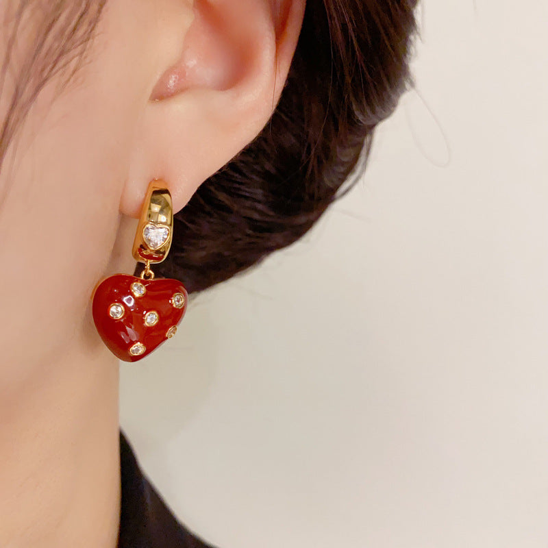 14K Gold-Plated Red Heart Polka Dot Drop Earrings - Chic & Minimalist