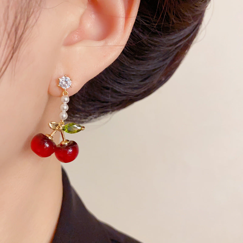 Elegant Red Cherry Pearl Drop Earrings – Sweet Fruit Design