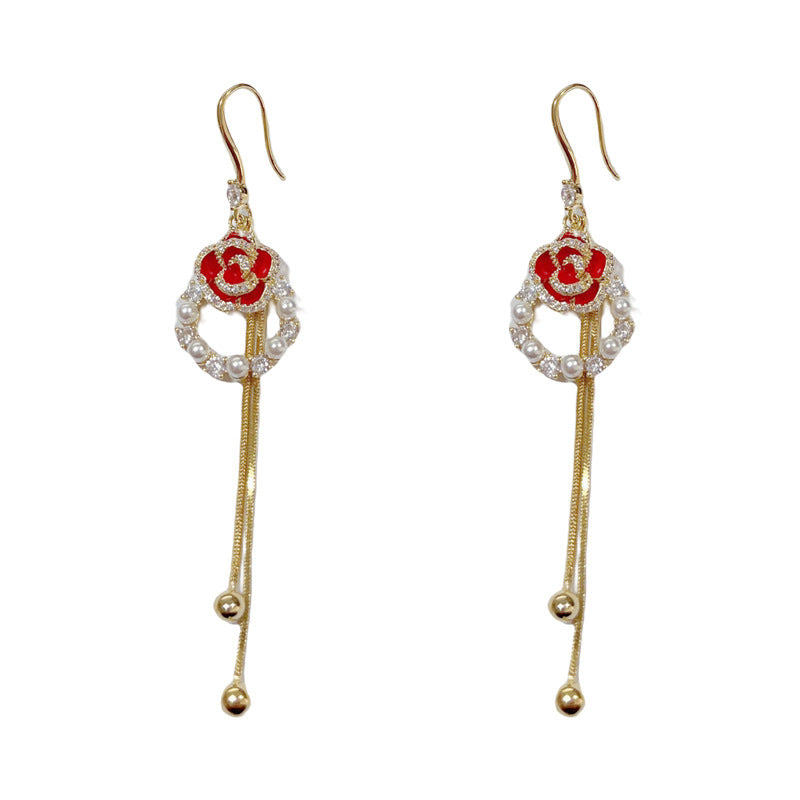 14K Gold-Plated Red Camellia Circle Tassel Earrings - Elegant Design