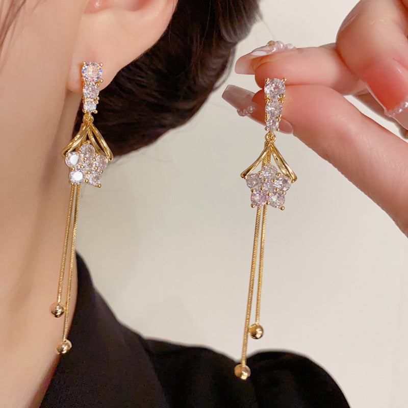 14K Gold-Plated Zircon Star Long Tassel Earrings - Elegant Design