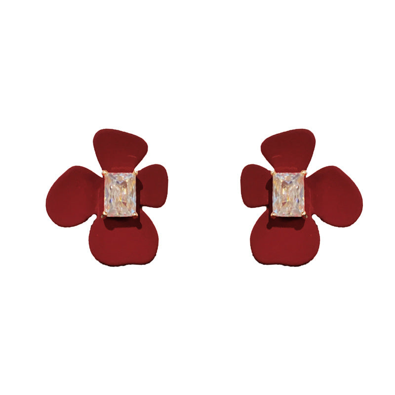 14K Gold-Plated Red Metal Spray Floral Rhinestone Earrings-Chic Design