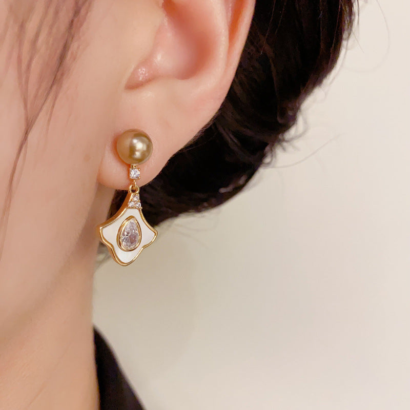 14K Gold-Plated Shell Zircon Pearl Stud Earrings - Elegant & Versatile Design