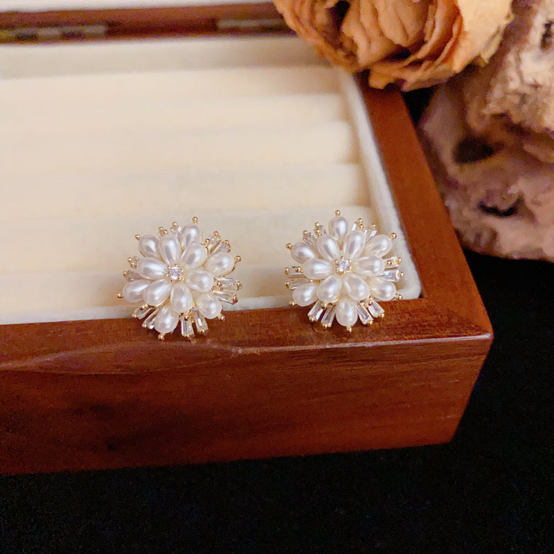 Luxury Zircon & Pearl Petal Stud Flower Earrings – Elegant Design