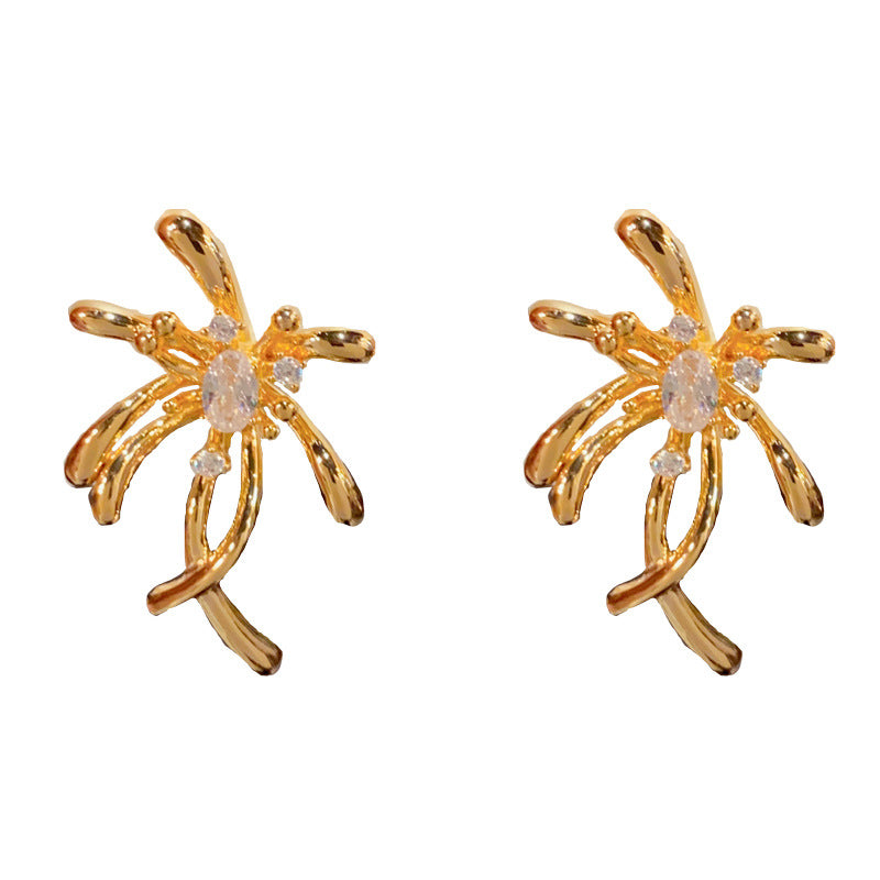 Gold Zircon Petal Earrings – French Retro Flower Studs for Women
