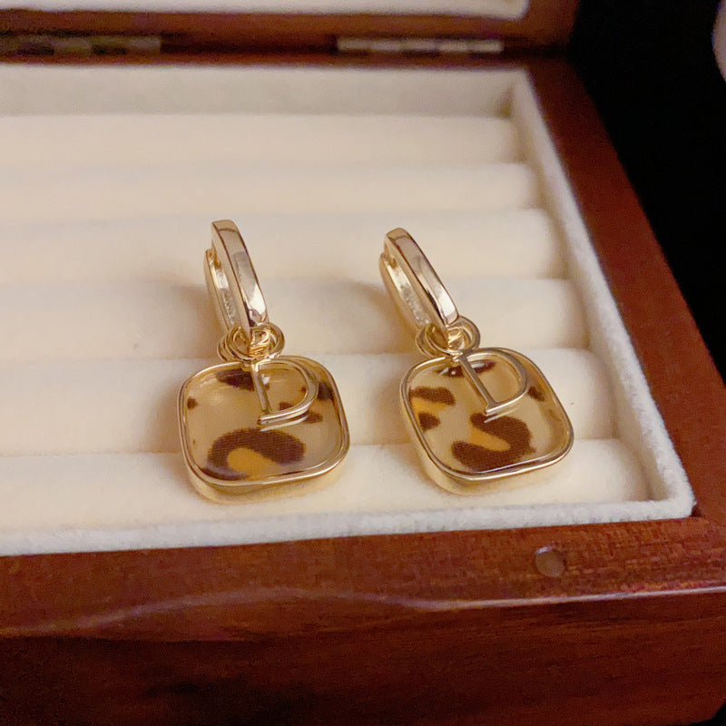 14K Gold-Plated D Letter Square Leopard Print Earrings - French Chic