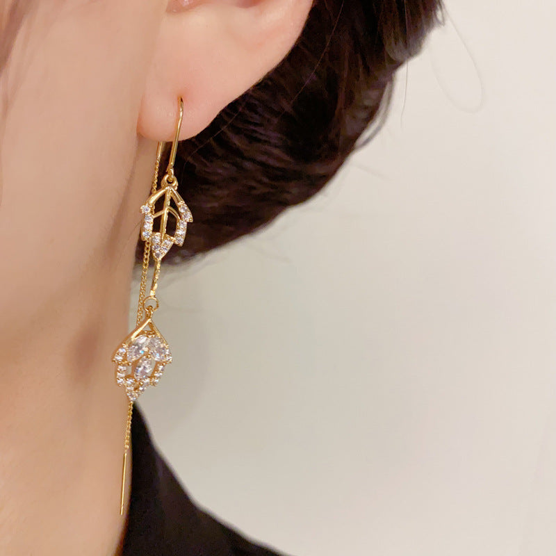 14K Gold-Plated Full Diamond Leaf Tassel Earrings -Elegant Drop Design