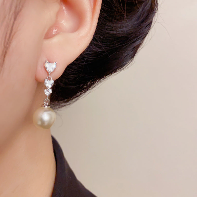 Elegant Zircon Heart Pearl Tassel Drop Earrings – Romantic Design