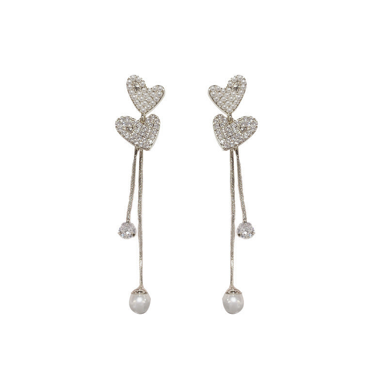 14K Gold Plated Heart Shaped Pearl & Zircon Tassel Earrings - Luxe Minimalist Design