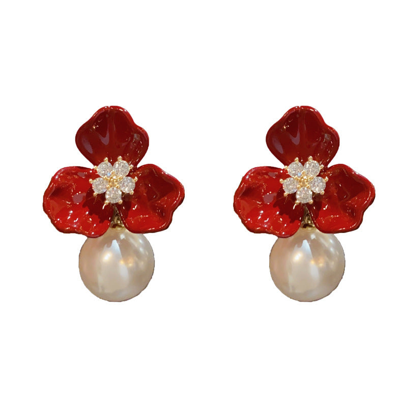 14K Gold-Plated Red Enamel Petal Pearl Drop Earrings - Chic & Elegant