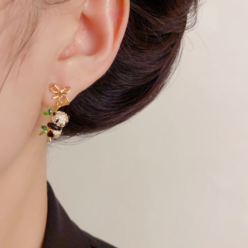 Elegant Bow Zircon Panda Drop Earrings – Animal Design
