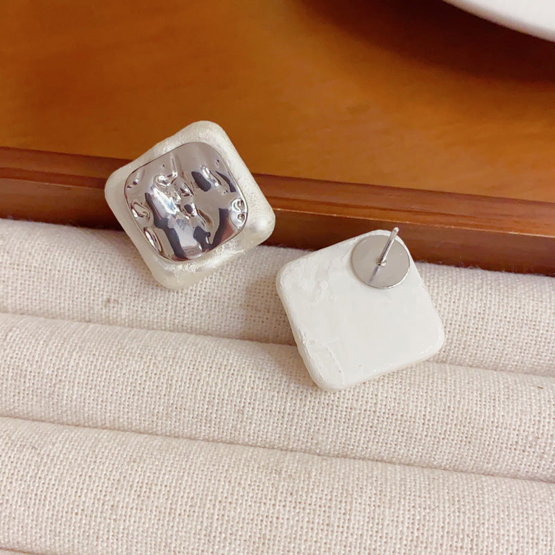 Elegant Metal Square Cotton Ball Stud Earrings – Geometric Design