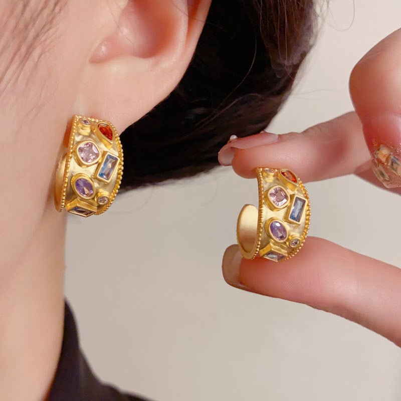 Elegant Matte Gold Rainbow Zircon C-Hoop Earrings – Dazzling Design