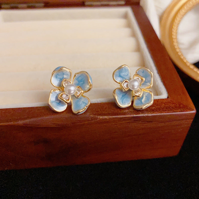 Luxury Enamel Blue Pearl Petal Stud Earrings – Elegant Flower Design
