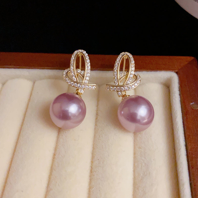 14K Gold-Plated Zircon Heart Purple Pearl Drop Earrings -Vintage Style