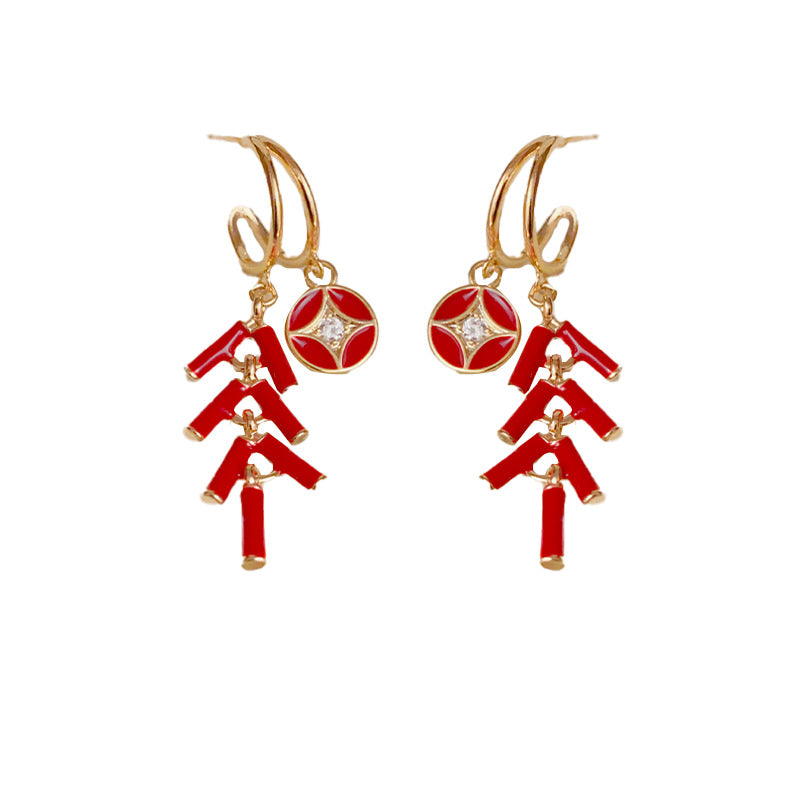 14KGold-Plated New Year Firecracker Tassel Earrings-Festive Red Design