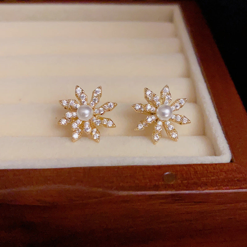 14K Gold-Plated Zircon Rotating Snowflake Earrings - Floral Design