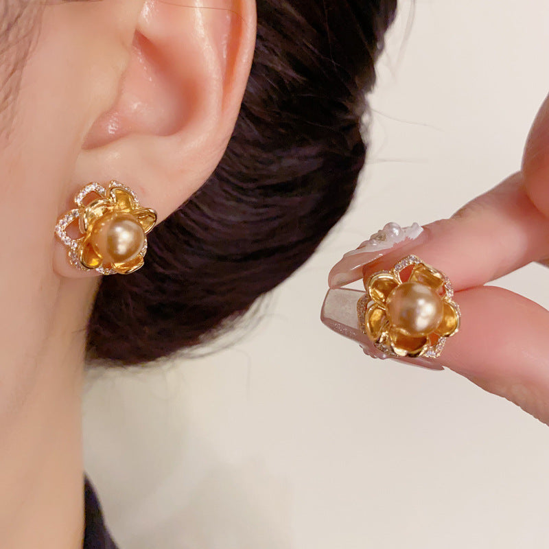 14K Gold-Plated Caramel Zircon Pearl Flower Earrings - Elegant Design