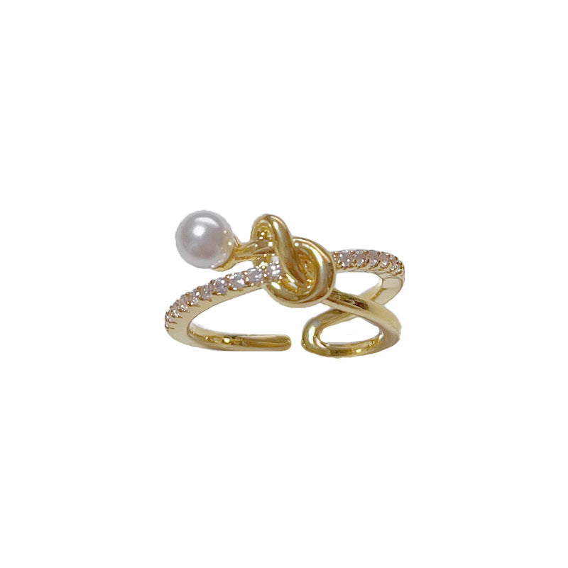 14K Gold-Plated Zircon Cross Pearl Open Ring -Elegant Geometric Design