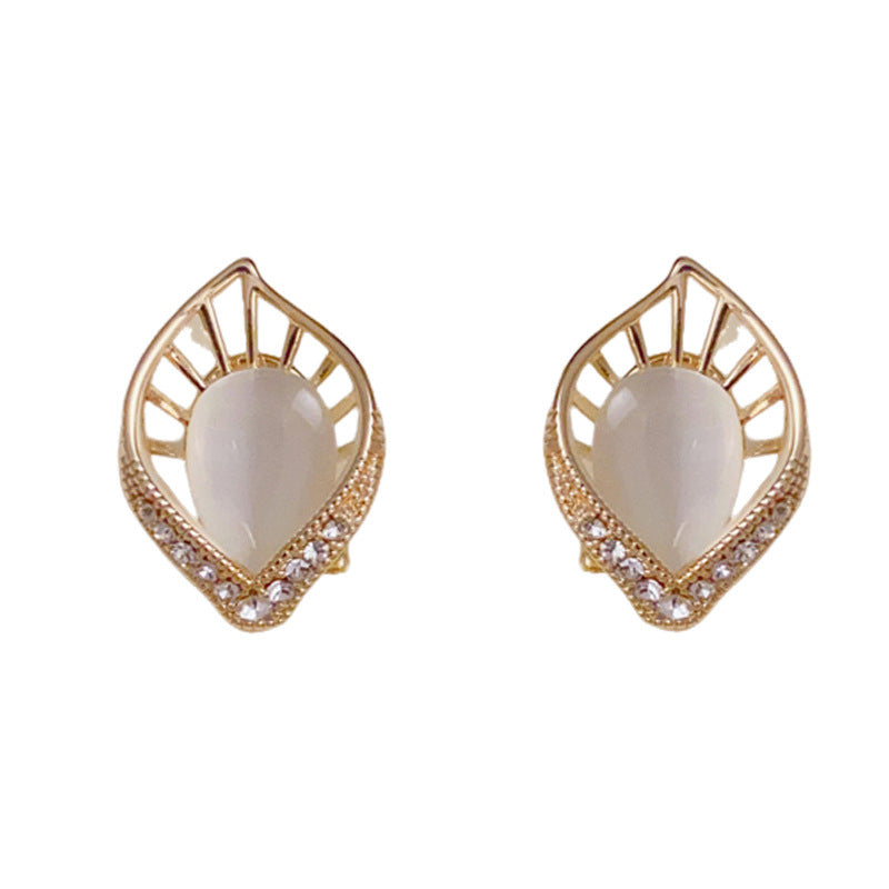 14K Gold Plated Hollow Leaf Stud Earrings – Cat Eye Stone Korean Style