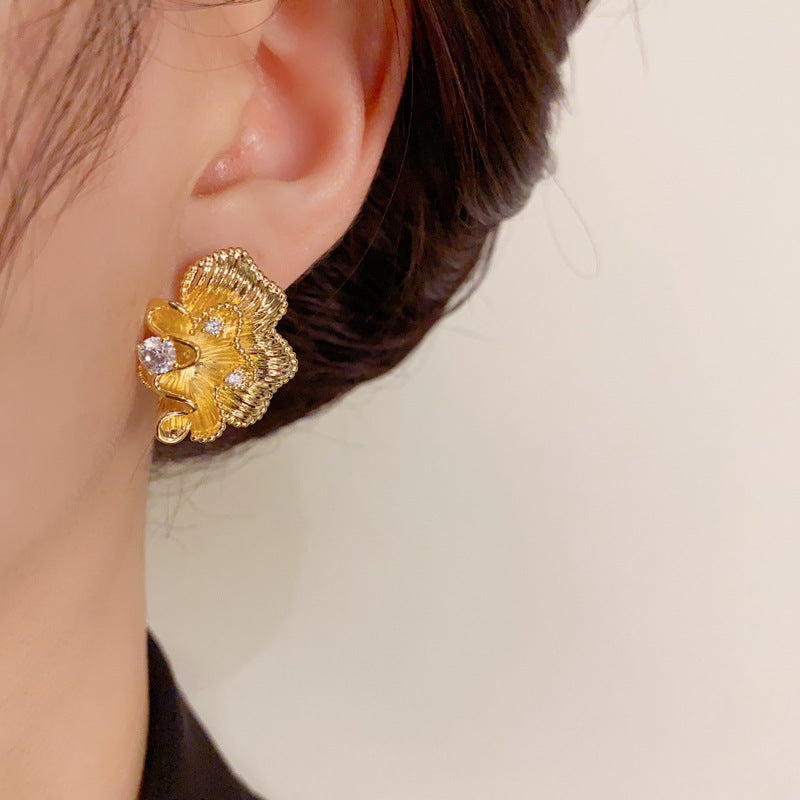 14K Gold-Plated Zircon Flower Petal Stud Earrings -Vintage Style