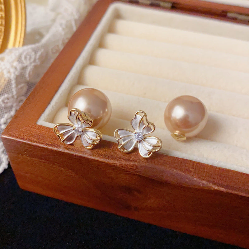 Two-Way Coffee Pearl 3-Leaf Flower Stud Earrings – Elegant Design